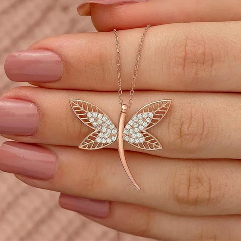 

CAOSHI Lover Girls Jewelry Fashion Elegant High Quality Diamond Animal Dragonfly Rose Gold Plated Copper Women Pendant Necklace