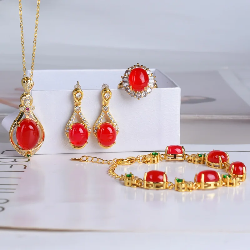 

Certified Cherry Red Agate Set Live Studio Supply Agate Three-Piece Women's Necklace Pendant Ear Studs