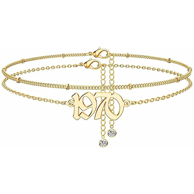 

Fashion 2021 New Style Gold Color Digital Year Ankle Bracelets Stainless Steel Double layer Anklet for Women