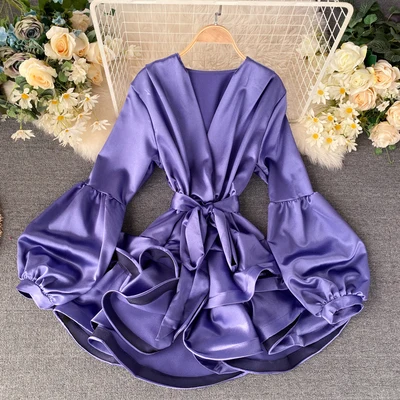 

A541 European Ins Popular Women Satin Long Puff Sleeve Solid Color Mini Dresses