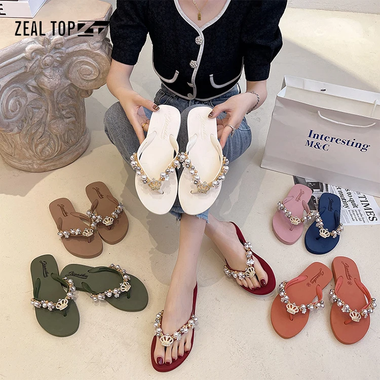 

summer casual slippers beach Crown decoration rhinestone outdoor slippers flip flops women mujer crystal flip flop for lady