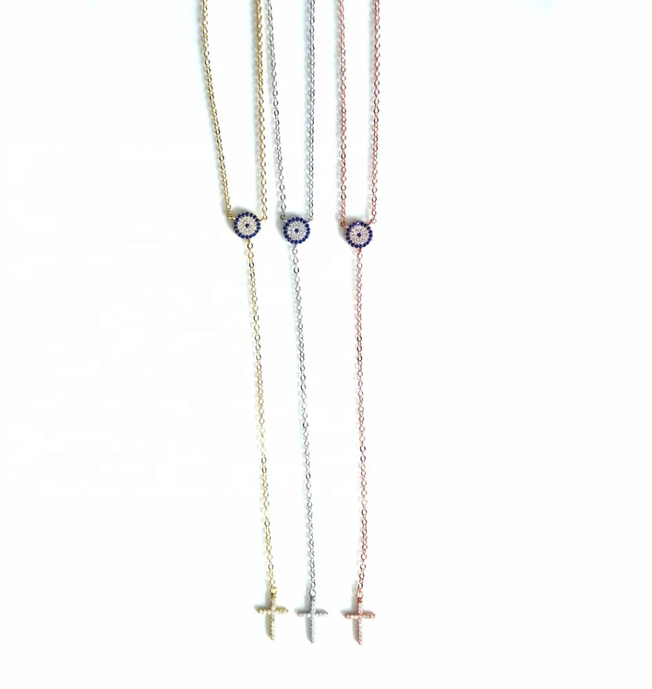 

high quality wholesale fashion turkish evil eye cross connector link chain Y lariat necklace