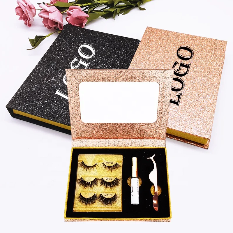 

Glitter Mirror Eyelash Packaging Glue Applicator Real Mink Lashes Kit Rose Gold Creulty Free 3D Private Label Black 3 Pairs Fur, Black or rose gold
