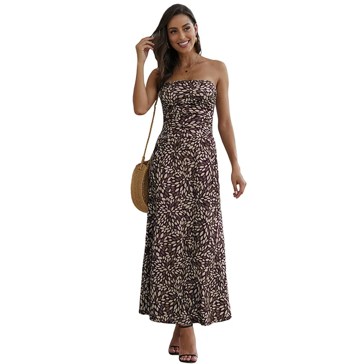 

Women dresses 2021 Wholesale Fashion Women Bohemian Bandeau Boho Floral Print Tube Long Maxi Casual Dress
