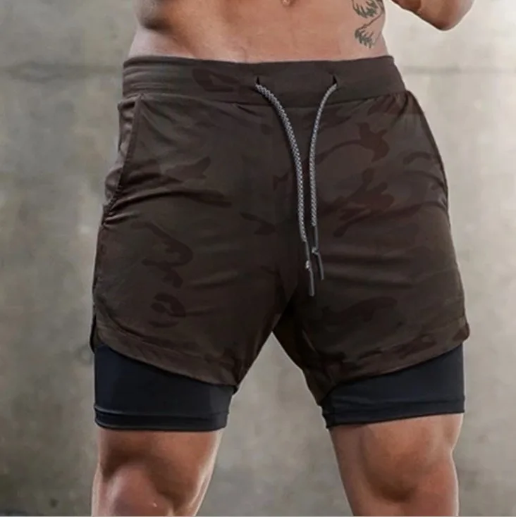 

Mens Gym Workout Shorts Elastic Drawstring Training Bodybuilding Short solid color quick dry sport Two-Layer Shorts with pockets