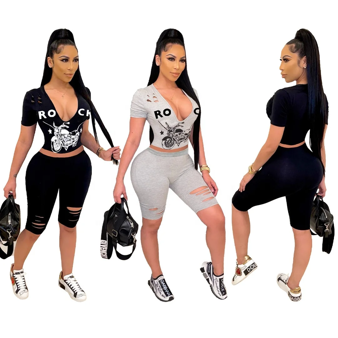 

MT370-9059 Wholesale women's fashion burnt flower V-neck short sleeve pattern printing casual two-piece suit women clothing sets