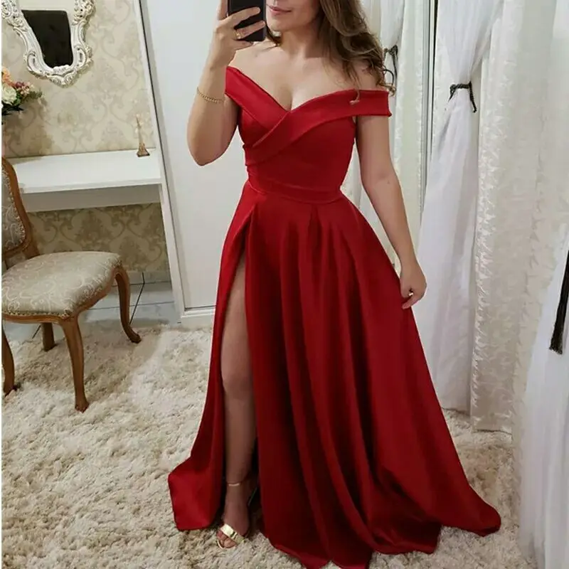 

EV014 Pleat prom party design evening dresses vestido de noiva sereia gown robe de soiree satin side slit sexy long gown