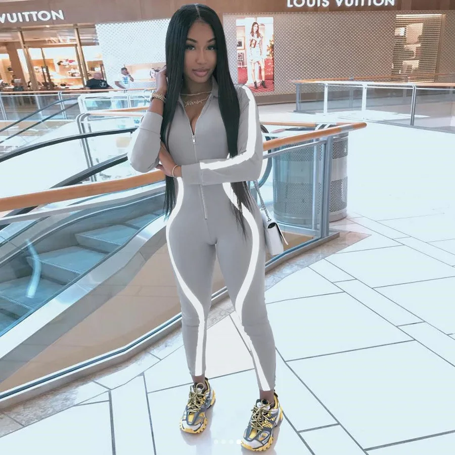 Dropshipping fall boutique sports casual ladies women one piece reflective rompers jumpsuit