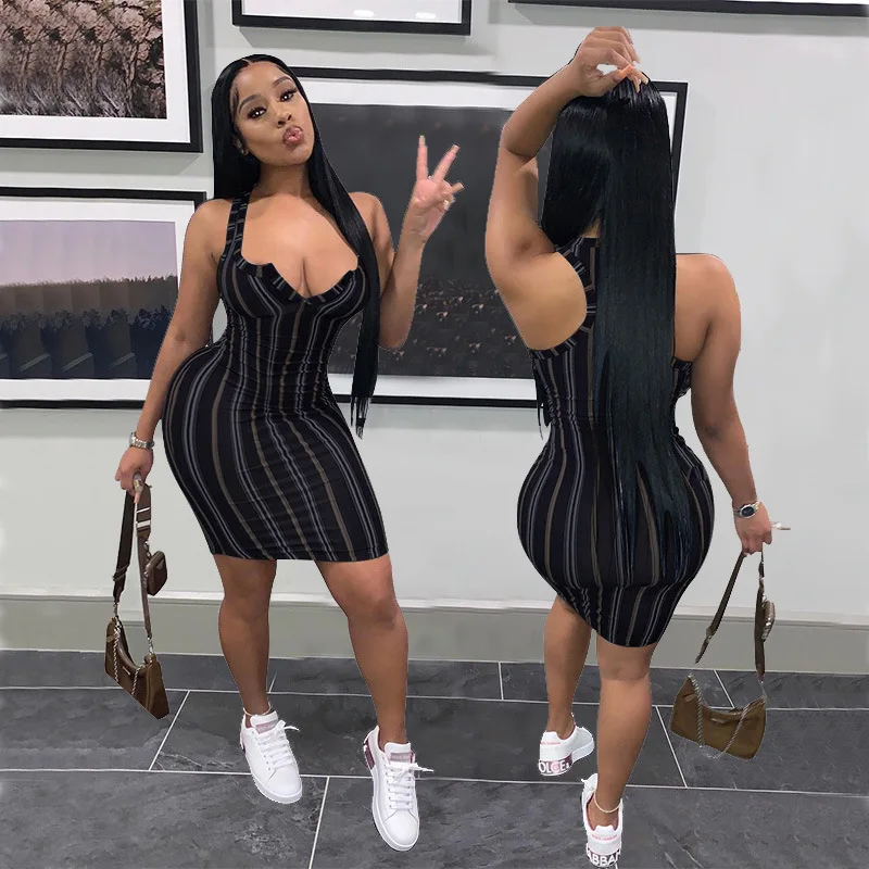 

Customized LOGO New Casual Simple Striped Printed Women's Dress D8835