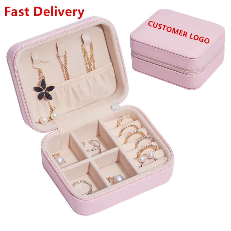 

Custom Logo Earing Ring Jewellery Packaging Case Velvet Small Boite A Bijoux Joyero Organizer Travel Faux Leather jewelry box, Pink blue white