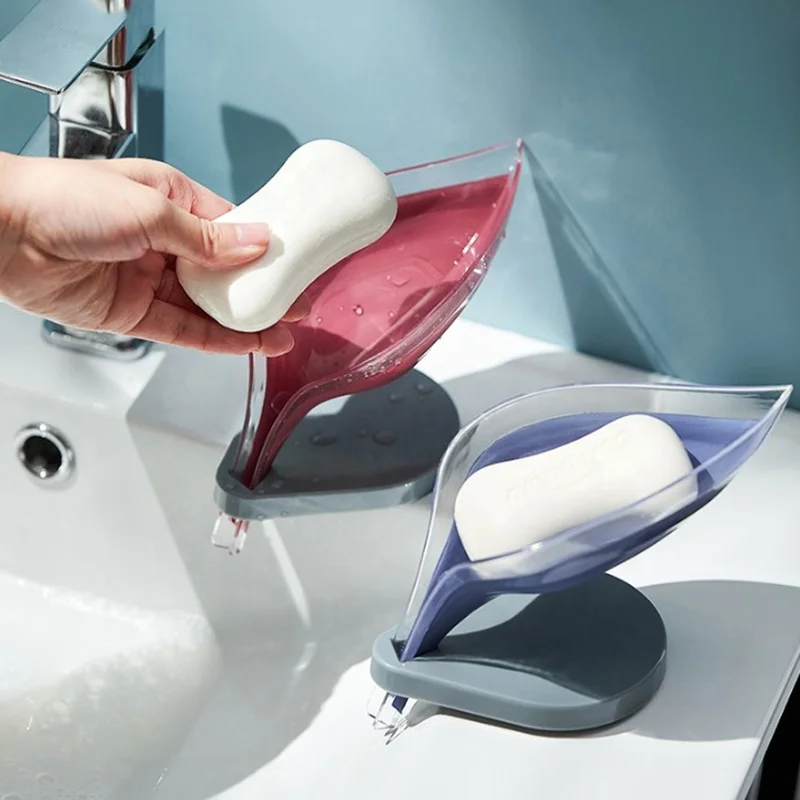 

Drain Soap Box Soap Holder Bathroom Accessories Tray Storage Drain Kitchen Storage Box Plastic Paste Suction Cup Rack Leaf Shape, White,blue,brown,purple