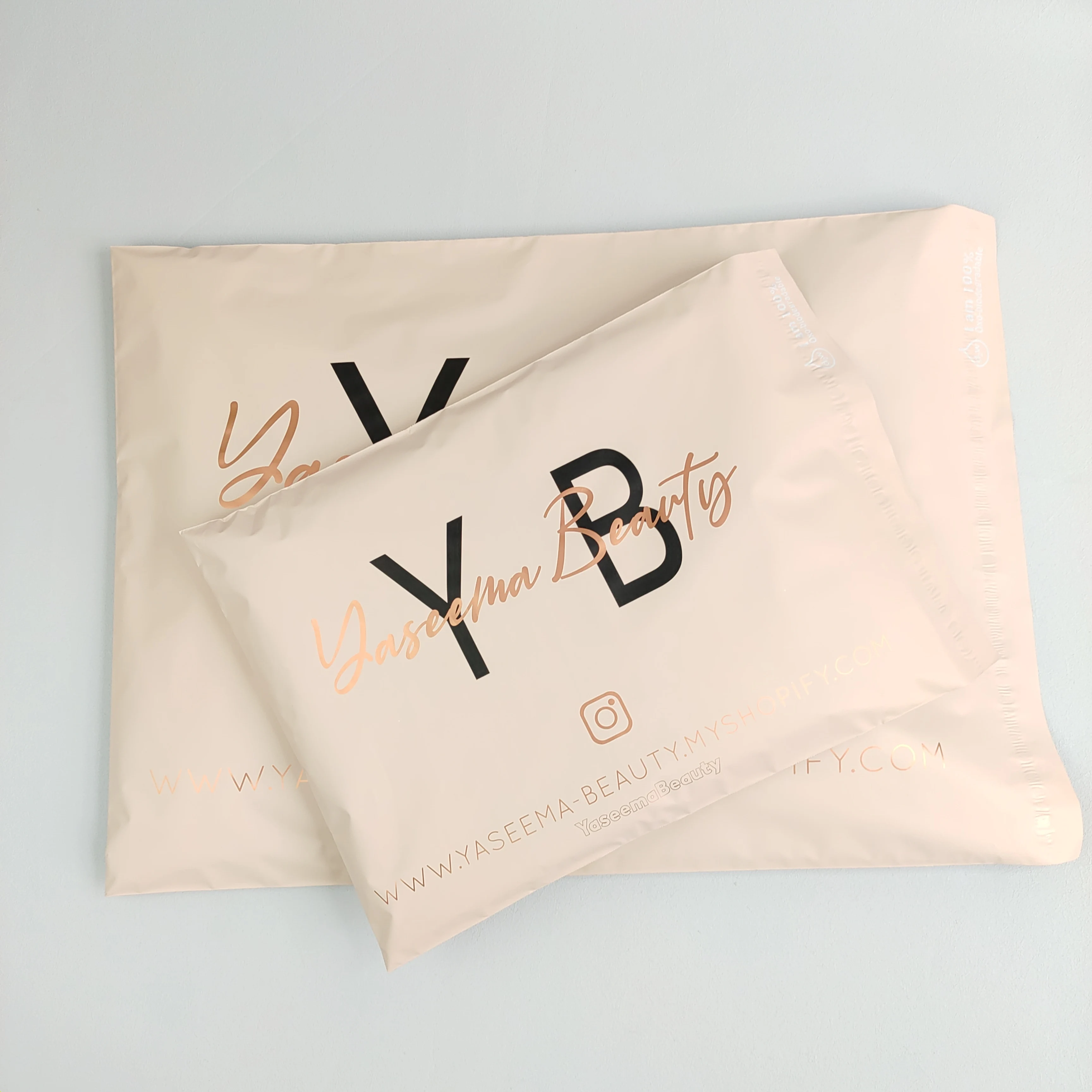 

custom print peach color biodegradable poly mailer bag with rose gold black logo plastic shipping packaging bag for postal