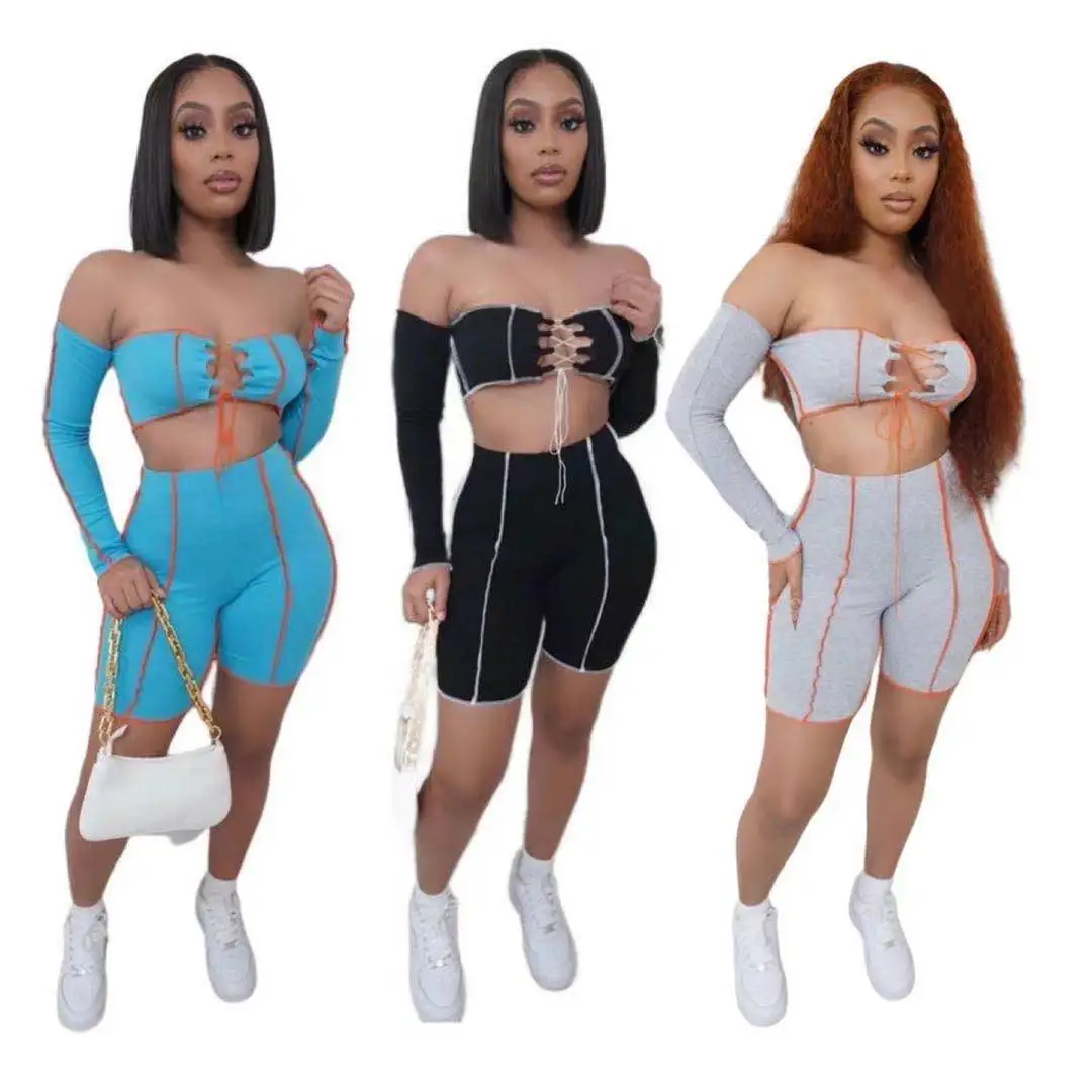 

2021Summer shoulder strap wrapped chest women 2piece one-shoulder strap long-sleeved top tights yoga suit women