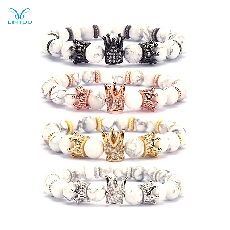 

2020 wholesale fashion natural stone bracelets micro pave zircon crown beaded lava stone bracelet for men