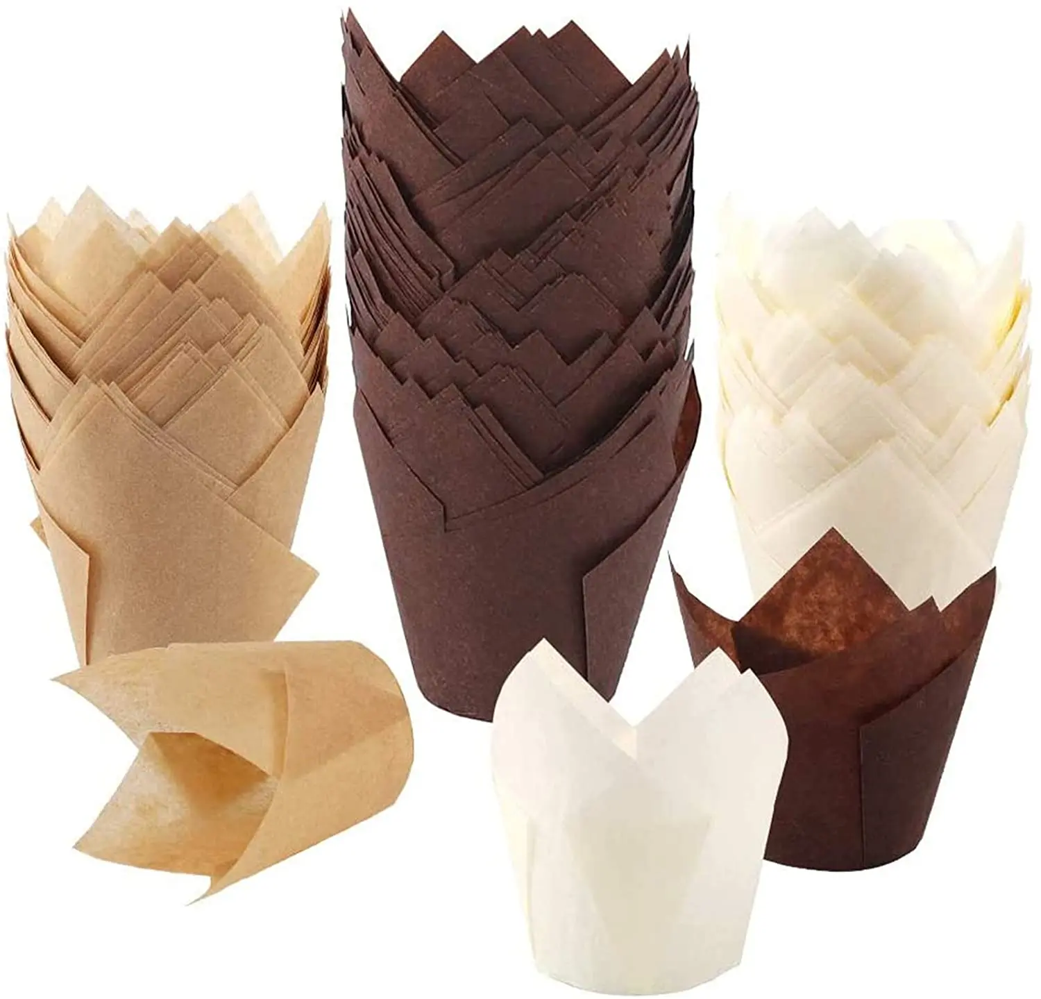 

200pcs Tulip Cupcake Baking Cups, Muffin Baking Liners Holders, Rustic Cupcake Wrapper, Brown, White and Nature Color