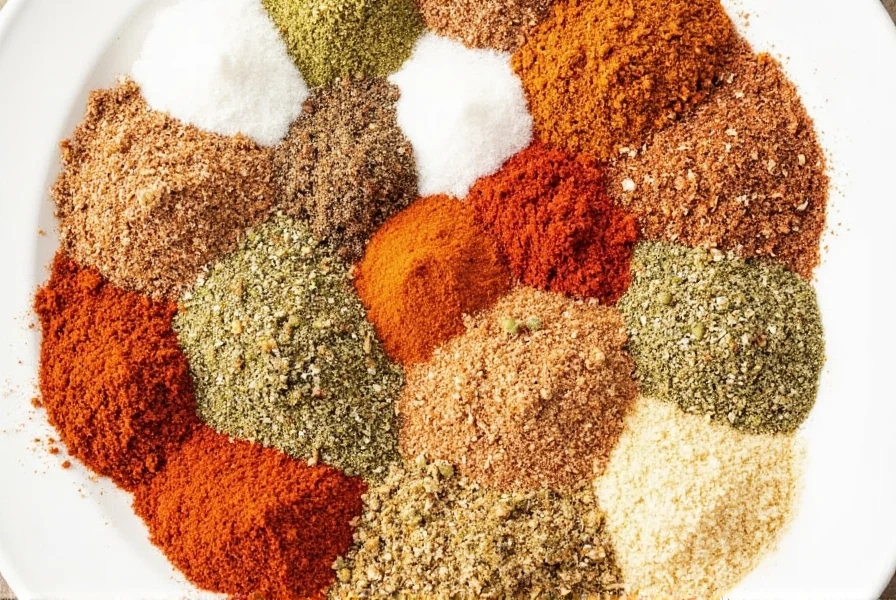 Seven small bowls with different homemade spice blends