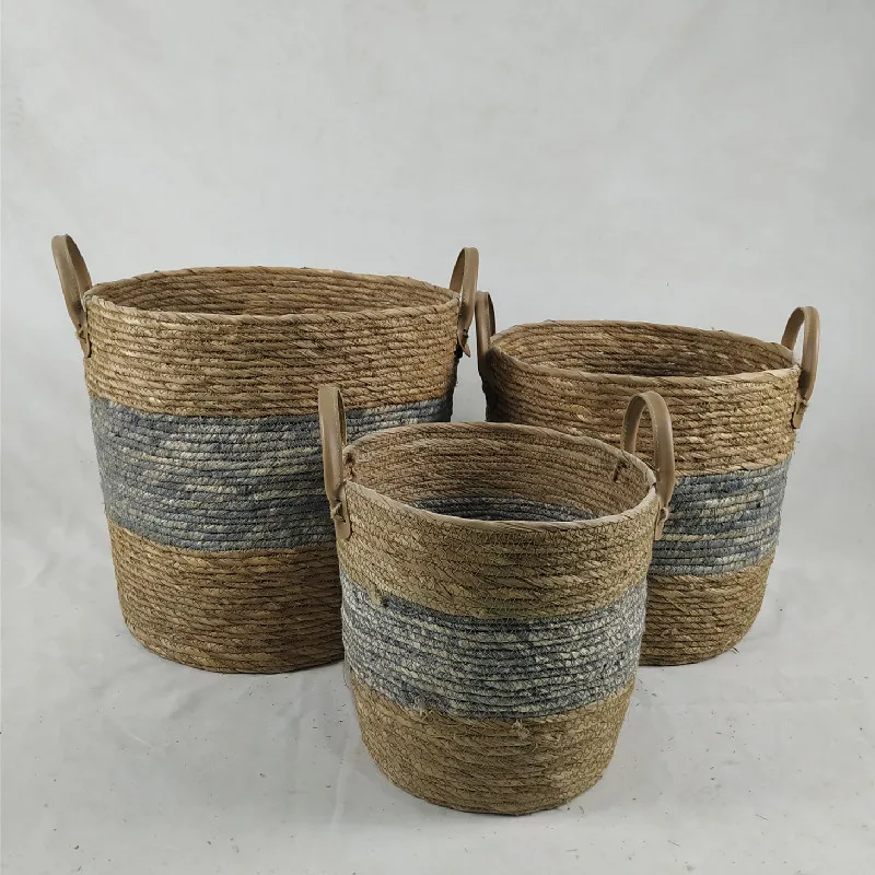 

Set of 3 best selling natural corn husk/seagrass handmade straw laundry storage basket with handles, Customized