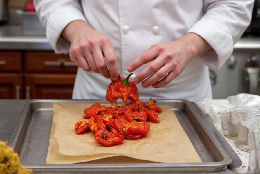 Chef preparing roasted red peppers from Wadhams Road Farm in professional kitchen setting