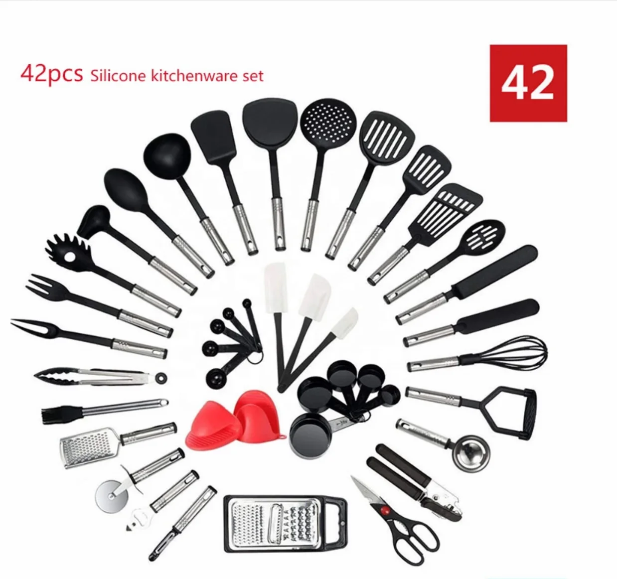 

42pcs of nylon kitchenware set with tube handle stainless steel kitchen gadgets kitchen accessories, Black