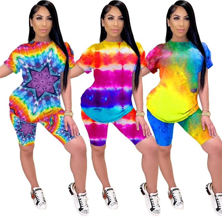 

D94273 Fashion casual rainbow tie-dye suit women clothing 2020