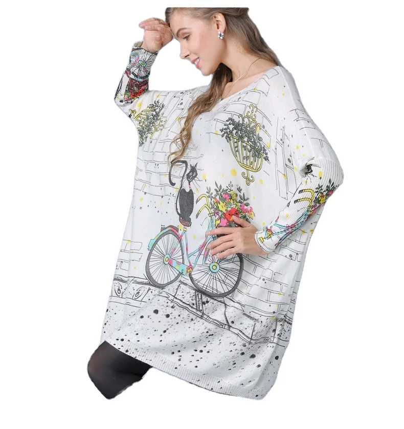 

Europe and the United States autumn one-neck knitted cat bike printing long-sleeved pullover bottoming shirt women's sweater top, 3colors
