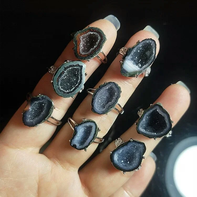 

QS444 Handmade Natural agate geode Ring Ajustable 925 Sterling Silver Geode Ring gemstone rings