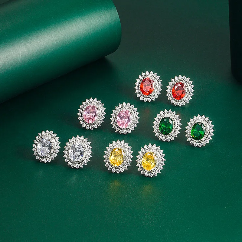 

Vintage Jewelry 925 Silver Post Oval Zircon Earring Iced Out Emerald Red Gemstone Stud Earrings For Women