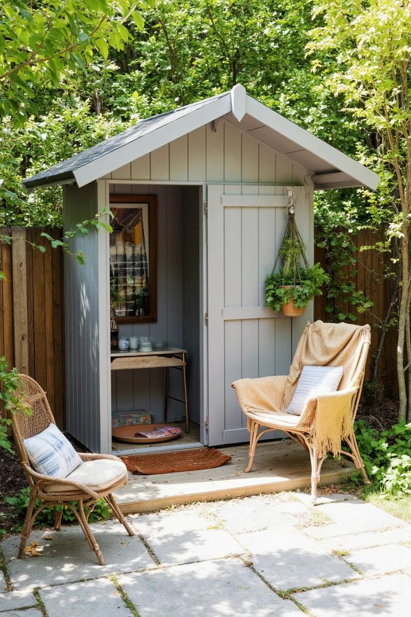 Family playing around decorated garden shed