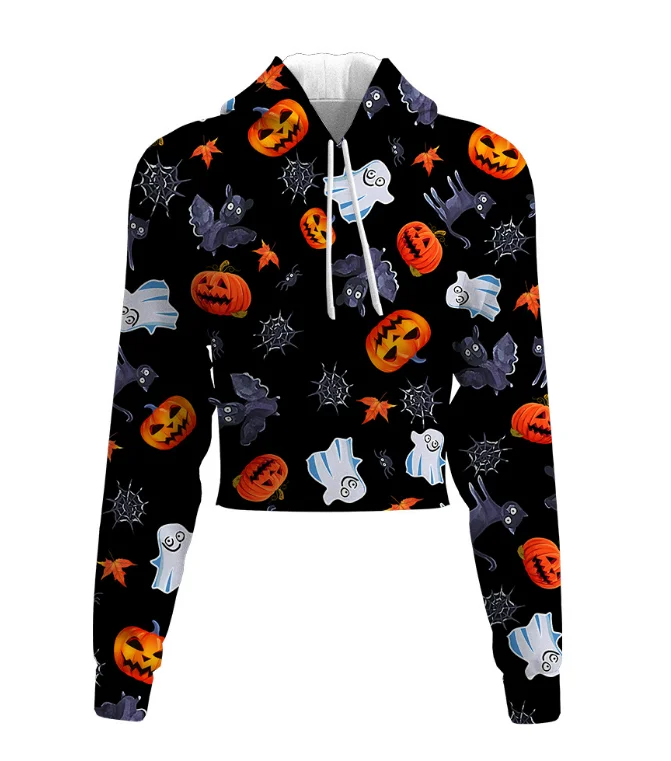 

Halloween Pumpkin Printing Cropped Top Hooded Halloween Hoodies Women