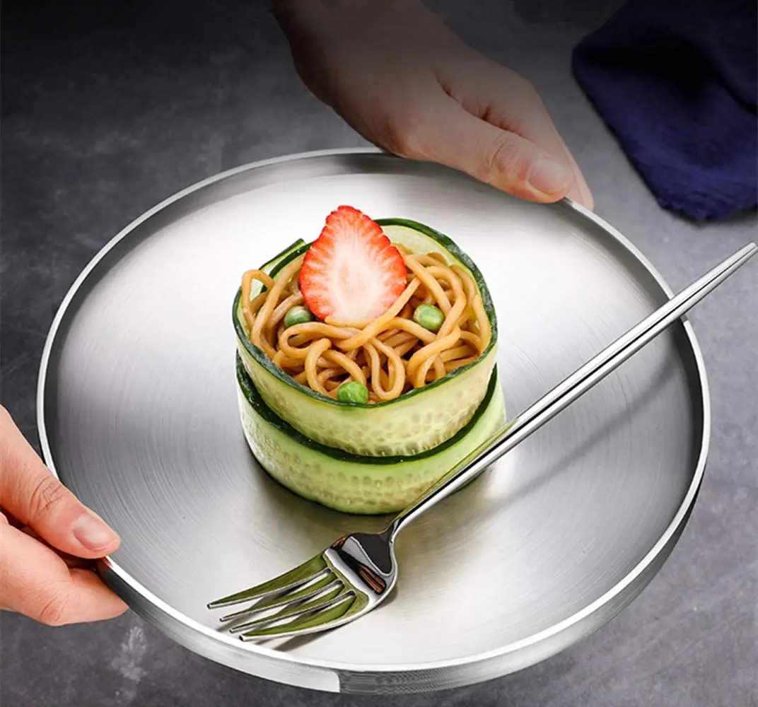 

Round Tray Korean Style Salad Food Tableware Plates Dishes 304 Stainless Steel Dinner Plate, Black/silver/gold