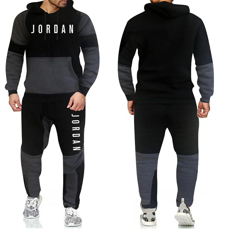 

New Men's Keep Warm Hoodie Suit Fashion Letter Print Brand Casual Sports Suit Men's Suit Sports Two Piece Splicing Hoodie