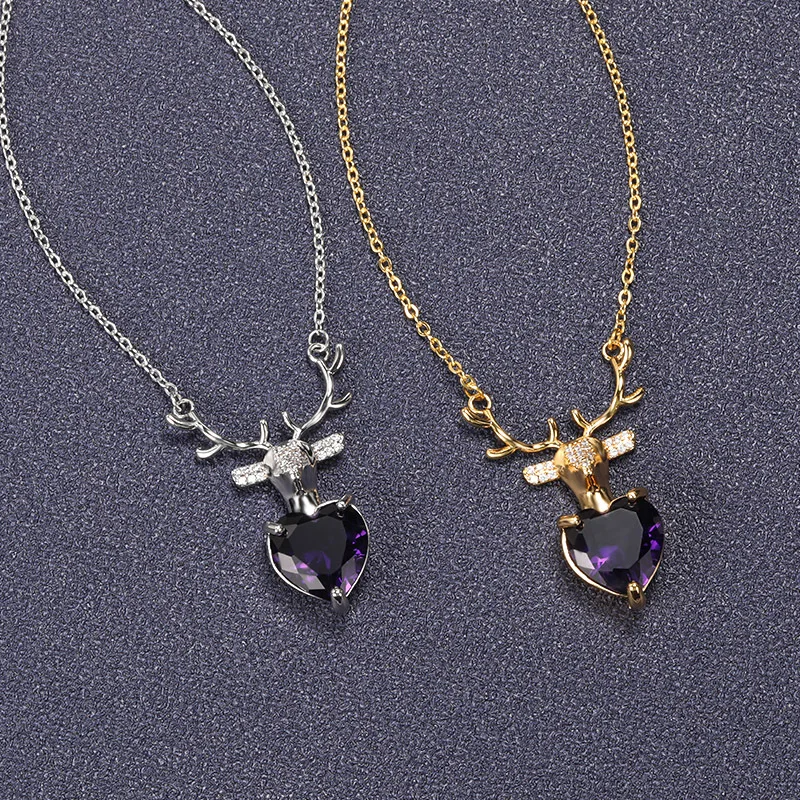 

New Simple Heart-shaped Zircon Hanging Antler Necklace Noble Purple Zircon Love Necklace Christmas Ornaments For Christmas, Silver/gold