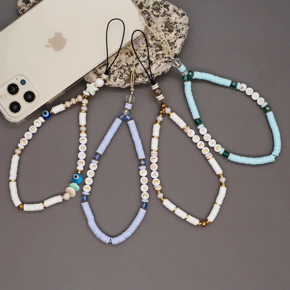 

Go2boho White Lanyard Phone Strap Women Charm Letter LOVE Girl Jewelry Accessories Polymer Clay Crystal Bead Mobile Phone Chain
