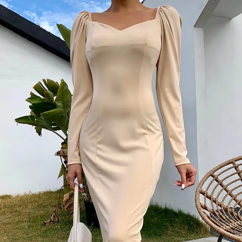 

Puff Sleeve Long Ladies Casual Maxi Dresses Elegant Winter, Customized