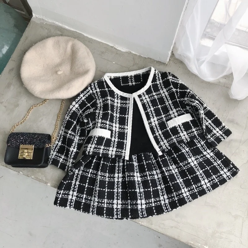 autumn toddler baby girl clothes sets formal fashion girls coat dresses plaid boutiques children's clothes fall high quality