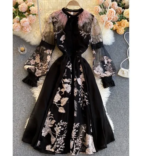 

2021 New Embroidered Flower Round Neck Feather Stitching Elegant Dress for Women Casual Long Sleeved A-line Long Dress