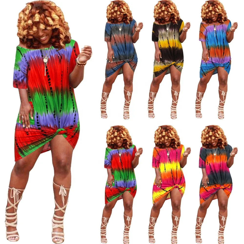 

DLL 2021 Summer Newest diagonal collar One Shoulder Tie Dye short-sleeved Plus Size Casual loose T shirt Dresses women sexy, As picture or customized make