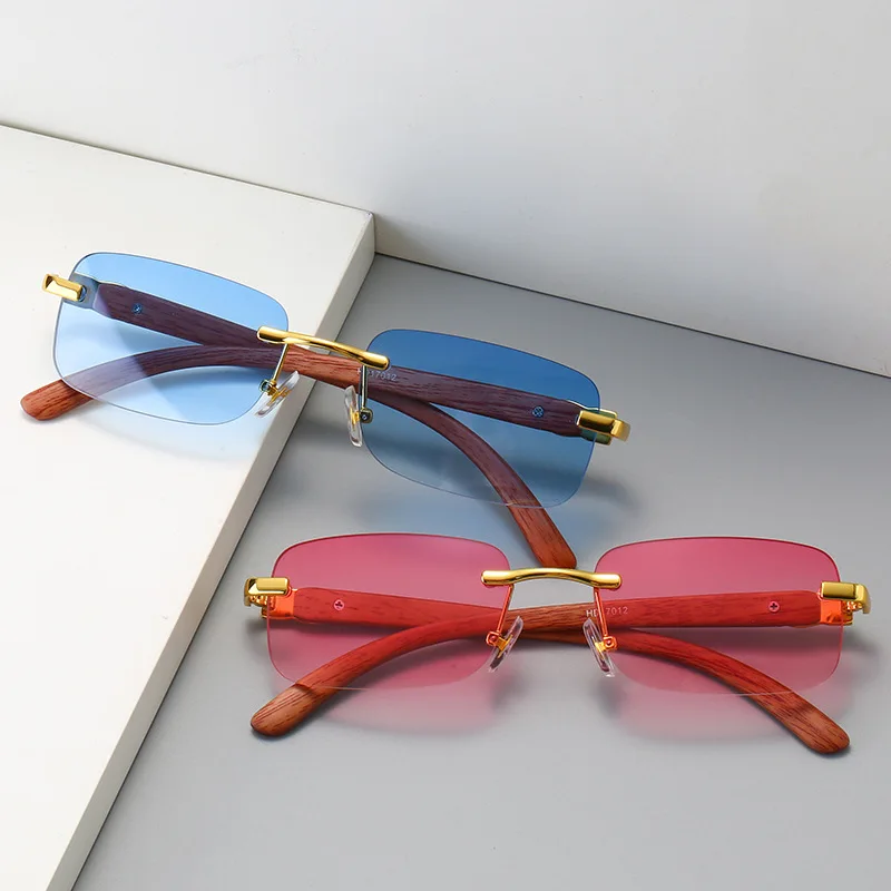 

vintage rimless square wood grain legs metal sun glasses 2019-2022 trendy shades sun glasses sunglasses for men women