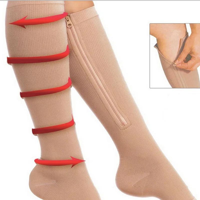 

September New Trade Festival Soft Medical Sports Exercise Training Knee High Zipper Compression Socks, Black /complexion