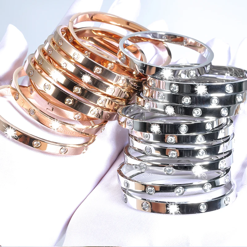 

18k Titanium 316L stainless steel Couple SCREW Crystal Classical Design Oval Women's Jewelry Zircon Fashion pulsera Gold Bangle