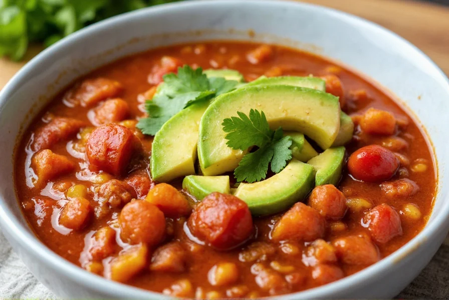 Finished bowl of no tomato chili served with avocado and cilantro garnish