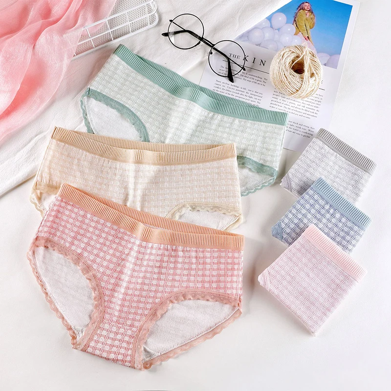 

JULY'S SONG Cotton Plaid Women Panties Sexy Lace Low Waist Underwear Lingerie Female Sweet Girl Breathable Briefs, Grey, pink, skin, bean paste, green, blue