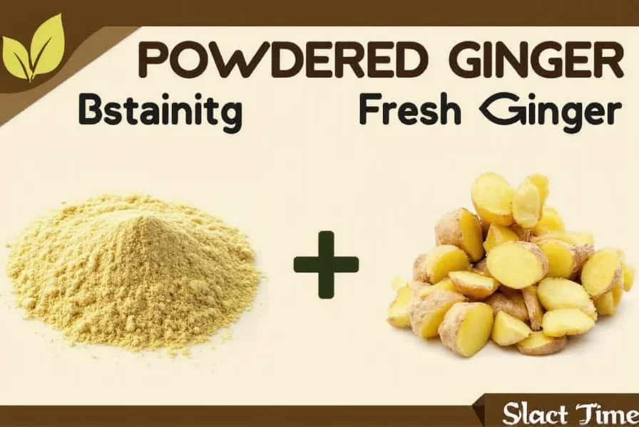 Side-by-side comparison of fresh ginger root and powdered ginger in measuring spoons showing proper substitution ratio