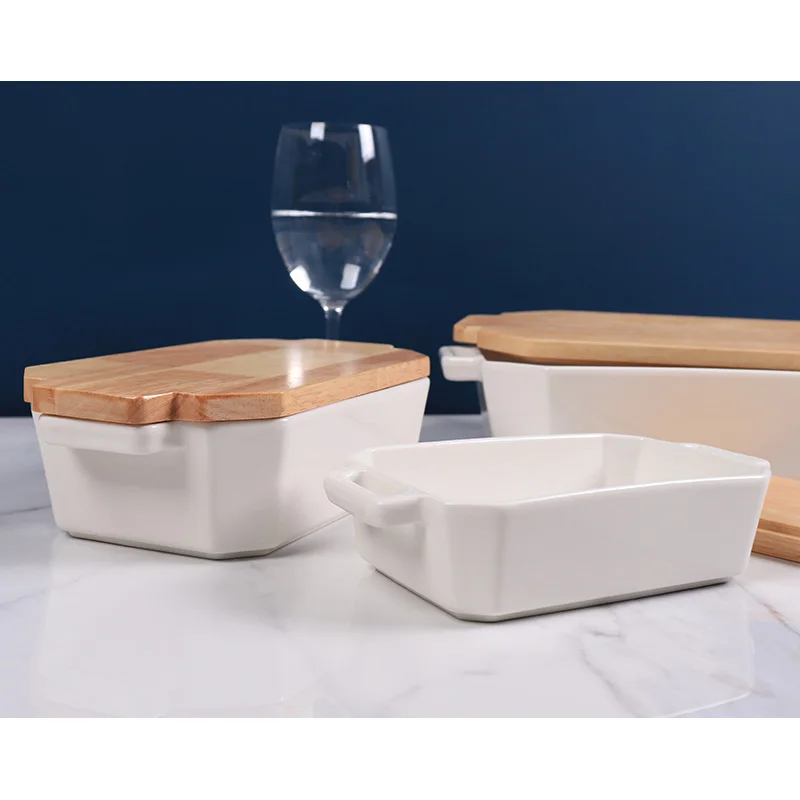 Various Sizes Porcelain Bakeware Ceramic Baking Dishes With Bamboo Lids ...