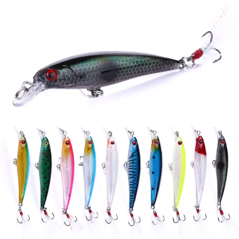 

Hot sale hard minnow fishing lures wholesale artificial fishing lures with feather hook, 10 colors as pictures