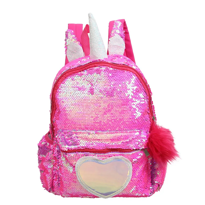 

Hot sale unicorn sequin heart print girls travel backpack fashion children school bag, As picture show