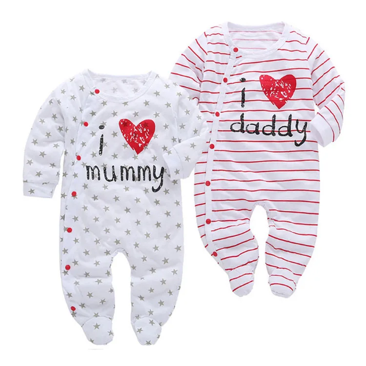 

Love mom and dad baby romper footed jumpsuit, Red/white