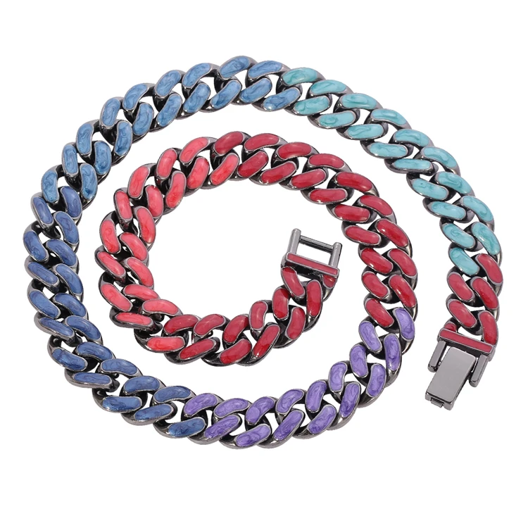 

New Arrive Hip Hop Colored Cuban Chain Necklace Bohemian Enamel Miami Cuba Link Chain Choker Necklace Men Bracelet