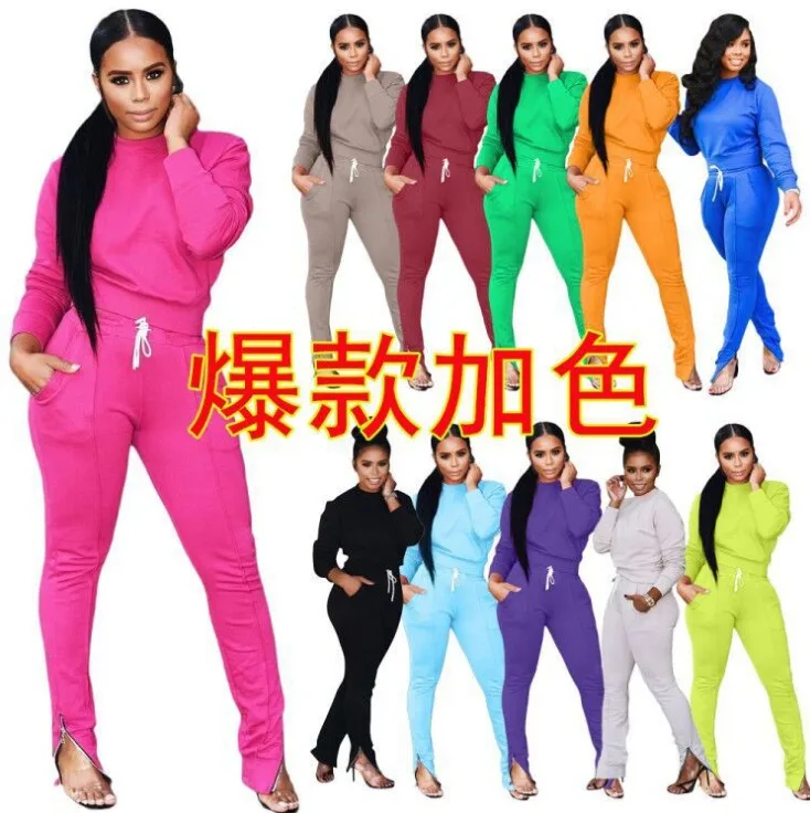 

GX8028A Wholesale Womens Clothing Latest Design 2020 Two Piece Jogger Outfit Solid Color Tracksuits Split Pant 2 Piece Set, Picture