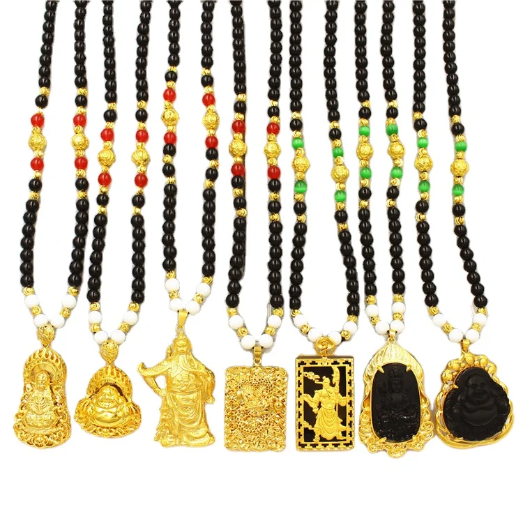 

Wholesale Copper Plated Vietnamese Sand Gold Buddha Beads Obsidian Men's Pendant Necklace Thick Gold Fashion Jewelry